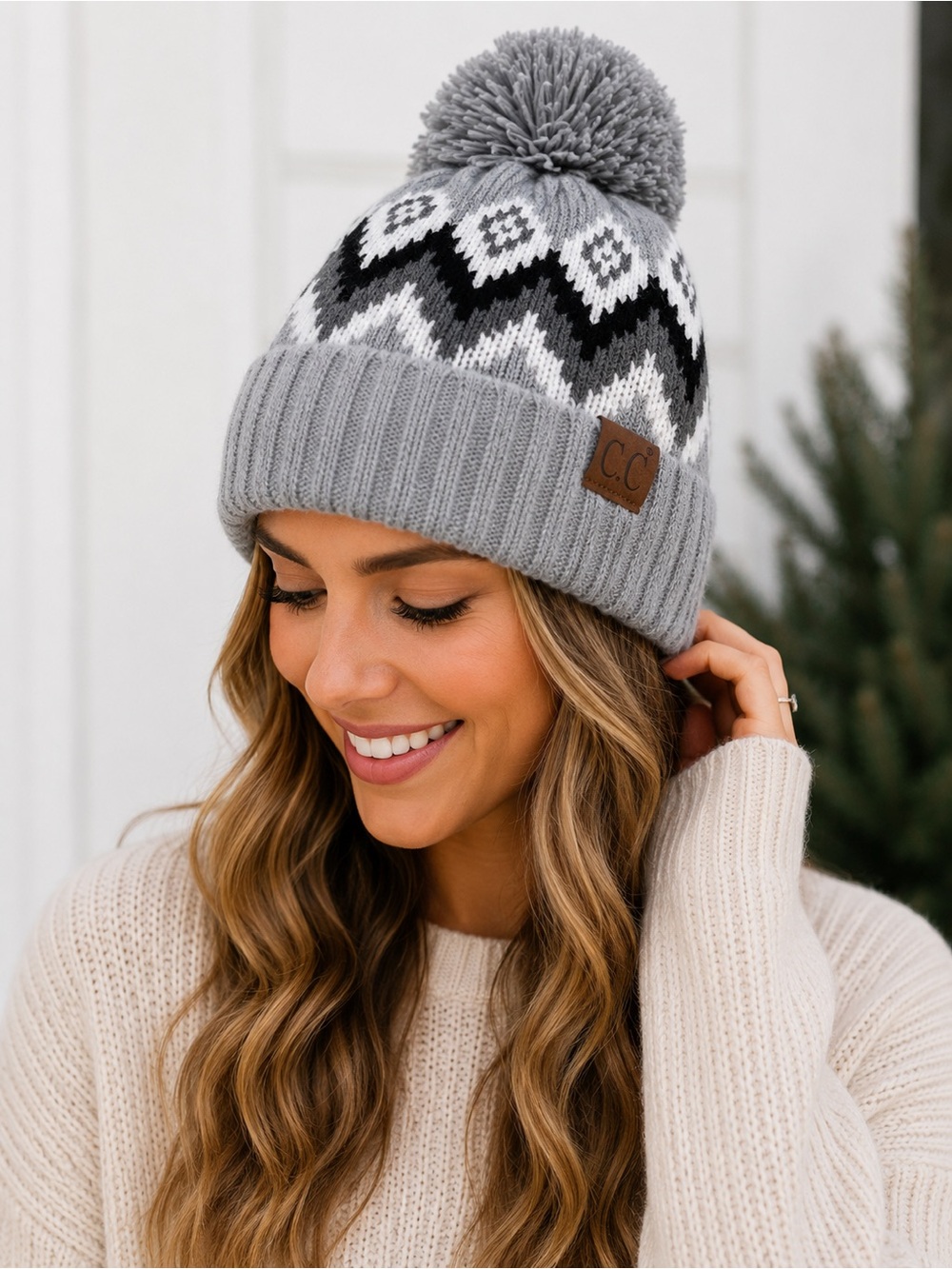 C.C. Gray Fair Isle Pom Beanie Winter Knit Hat NWT One Size Cozy